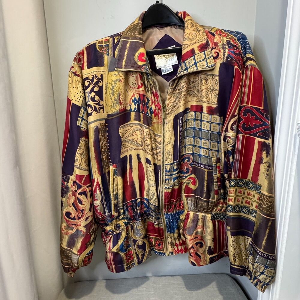East West Vintage 90s Women's L 100% Silk Abstract Bomber Peplum Jacket